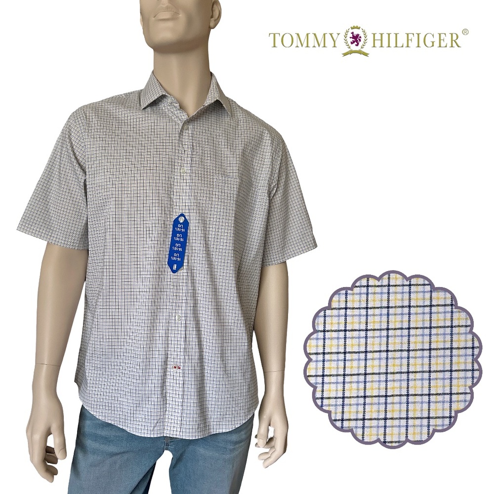 Tommy Hilfiger Shirt Button Up Short Sleeve Cotton Blend Window Pane Versatile